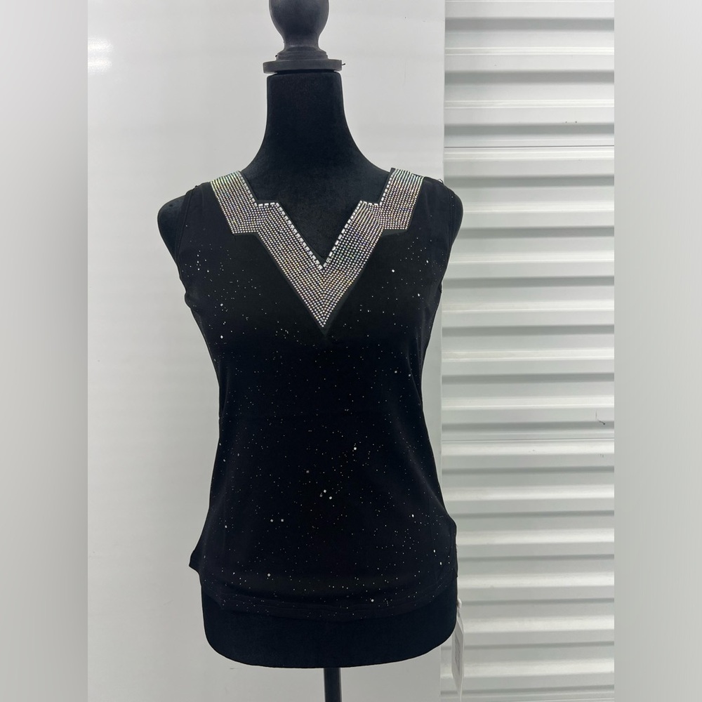 Women Rhinestone Black Tank Top